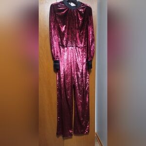 Just Cavalli Metallic Burgundy Velvet Jumpsuit Size 8